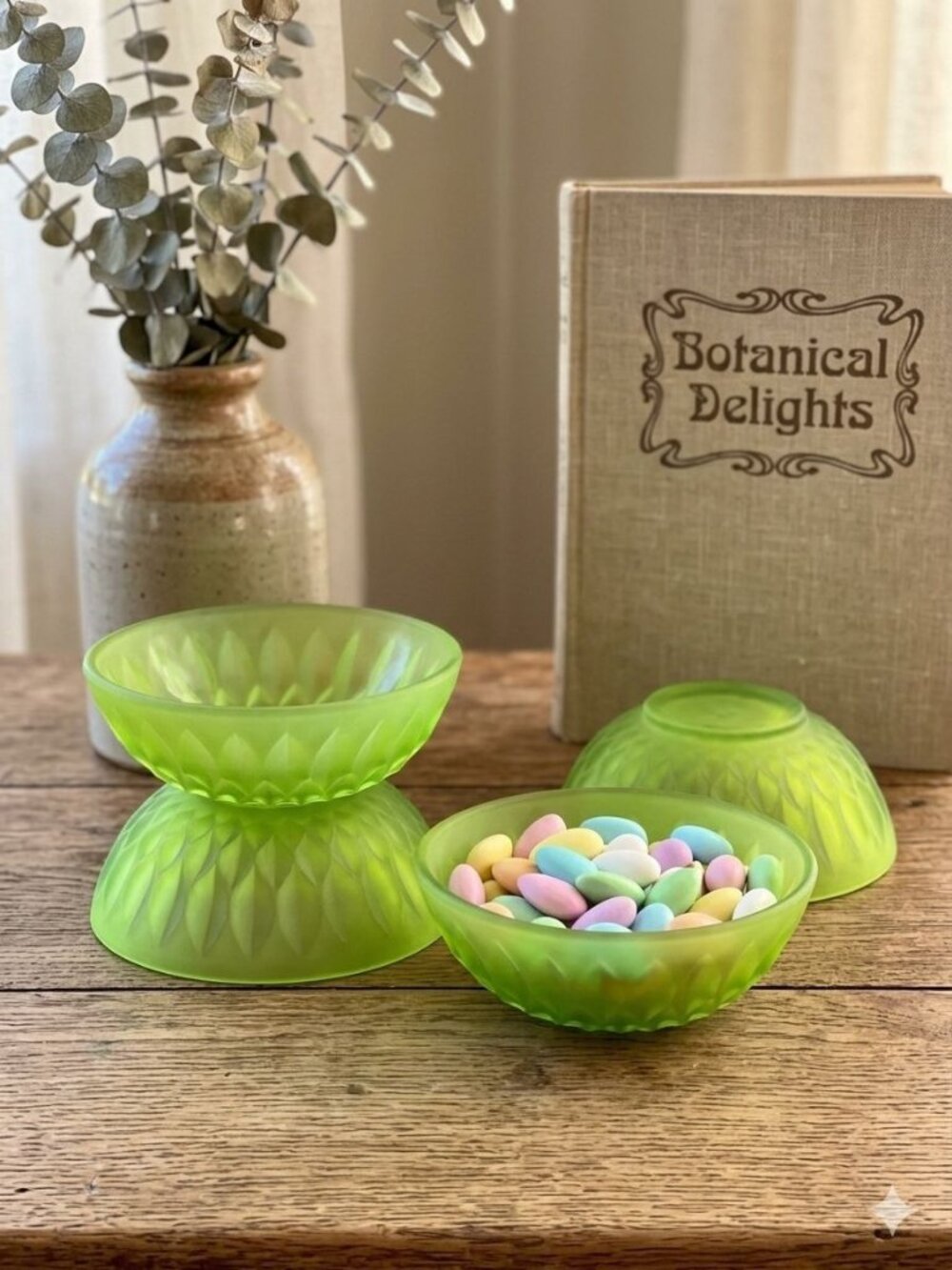 Vintage Fenton Lime Green Satin Glass Lotus Bowls Petal Pattern Set of 4